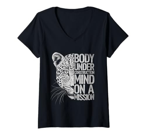 Damen Motivational Leopard - Body Under Construction T-Shirt mit V-Ausschnitt von Body Under Construction LLC