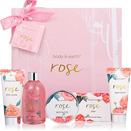 BODY & EARTH Geschenkbox für Frauen-5 tlg. Rose Geschenkset Frauen, Duschgel, Körperbutter, Handcreme, Bodylotion, Geburtstagsgeschenk, Geschenke für Frauen, Freundin, Mama, Muttertagsgeschenk von BODY & EARTH