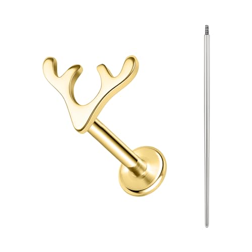 BodyAce Gold ASTM F136 Titan Lippenpiercing, 16G Flat Piercings Ohr Mit Piercing Taper, Innengewinde labret ringe Tragus Piercing Stecker für Frauen Männer [Gold Geweih] von BodyAce
