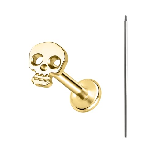 BodyAce Gold ASTM F136 Titan Lippenpiercing, 16G Flat Piercings Ohr Mit Piercing Taper, Innengewinde labret ringe Tragus Piercing Stecker für Frauen Männer [Gold Totenkopf] von BodyAce