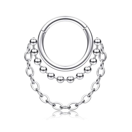 BodyBonita 16G Septum Piercing Klicker - 316L Edelstahl Nasenring für Frauen Männer Nasenpiercing Dangle Ohrringe Hoop Knorpel Conch Piercing Schmuck Tragus Daith Helix Silber 8 mm Chain Clicker von BodyBonita