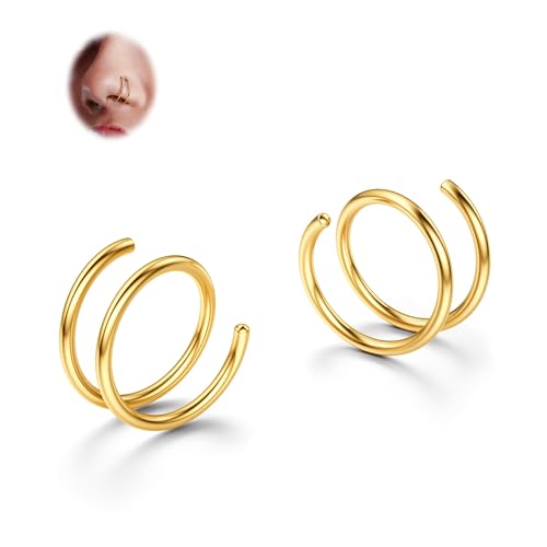 BodyBonita 2 Stück Weicher Nasenring aus Edelstahl 316L mit Doppelkreole für Einzel Piercing 20G Biegsame Gedrehte Spiral Piercing Ring für Damen Männer 10 mm Gold von BodyBonita