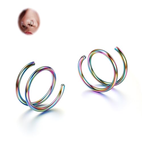 BodyBonita 2 Stück Weicher Nasenring aus Edelstahl 316L mit Doppelkreole für Einzel Piercing 22G Biegsame Gedrehte Spiral Piercing Ring für Damen Männer 10 mm Regenbogen von BodyBonita