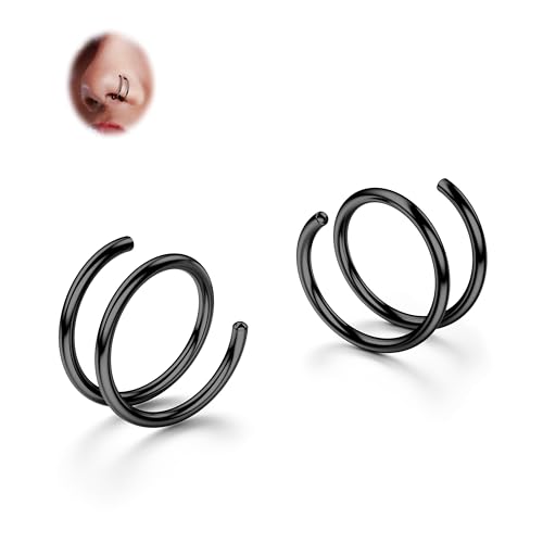 BodyBonita 2 Stück Weicher Nasenring aus Edelstahl 316L mit Doppelkreole für Einzel Piercing 22G Biegsame Gedrehte Spiral Piercing Ring für Damen Männer 8 mm Schwarz von BodyBonita