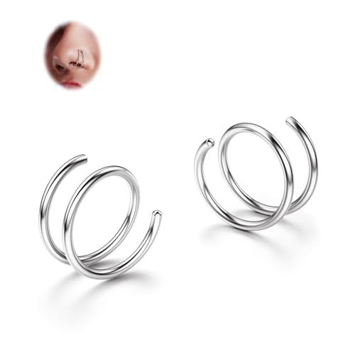 BodyBonita 2 Stück Weicher Nasenring aus Edelstahl 316L mit Doppelkreole für Einzel Piercing 22G Biegsame Gedrehte Spiral Piercing Ring für Damen Männer 8 mm Silber von BodyBonita