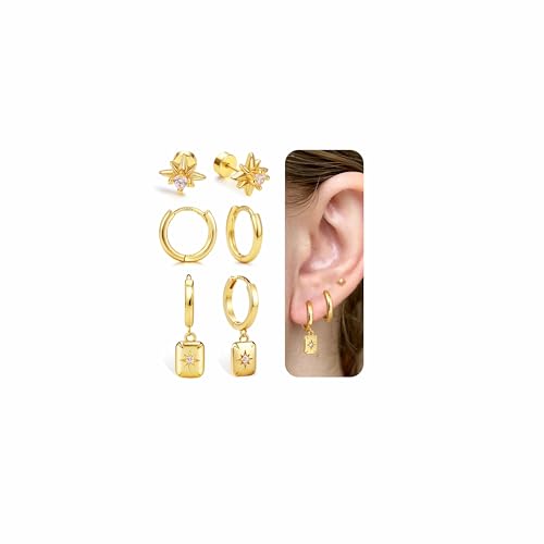 BodyBonita 3 Paar Ohrringe Gold FüR Damen 16 Karat Ohrringe Silber 925 Creolen Mehrfachsteckdose Flacher Stecker Conch Tragus Helix Piercings Schmuck Damen von BodyBonita