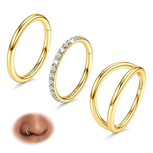 BodyBonita 3 Stück Nasenpiercing – 316L Edelstahl Doppelt Reifen Nasenring 16G CZ Septum Piercing Helix Conch Tragus Daith Ohrring lippenpiercing Schmuck Hypoallergen Frauen Männer Gold 8mm von BodyBonita