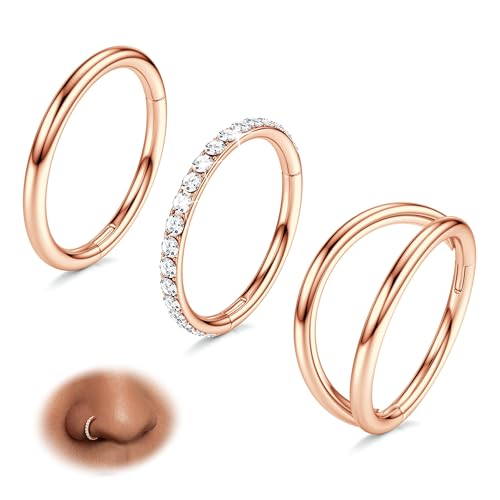 BodyBonita 3 Stück Nasenpiercing – 316L Edelstahl Doppelt Reifen Nasenring 16G CZ Septum Piercing Helix Conch Tragus Daith Ohrring lippenpiercing Schmuck Hypoallergen Frauen Männer Roségold 9mm von BodyBonita