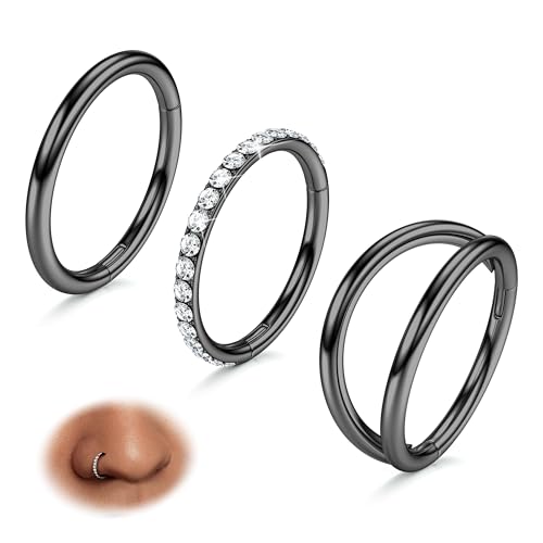 BodyBonita 3 Stück Nasenpiercing – 316L Edelstahl Doppelt Reifen Nasenring 16G CZ Septum Piercing Helix Conch Tragus Daith Ohrring lippenpiercing Schmuck Hypoallergen Frauen Männer Schwarz 7mm von BodyBonita