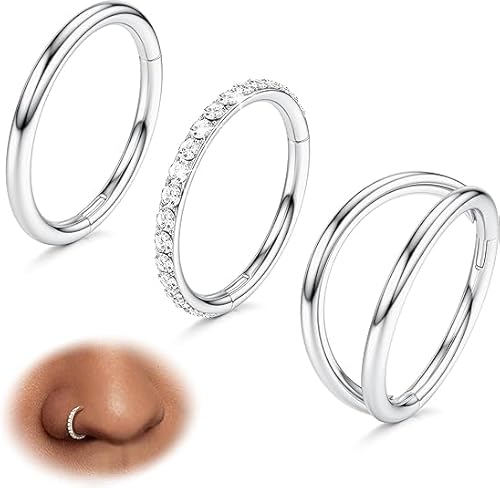 BodyBonita 3 Stück Nasenpiercing – 316L Edelstahl Doppelt Reifen Nasenring 16G CZ Septum Piercing Helix Conch Tragus Daith Ohrring lippenpiercing Schmuck Hypoallergen Frauen Männer Silber 8mm von BodyBonita