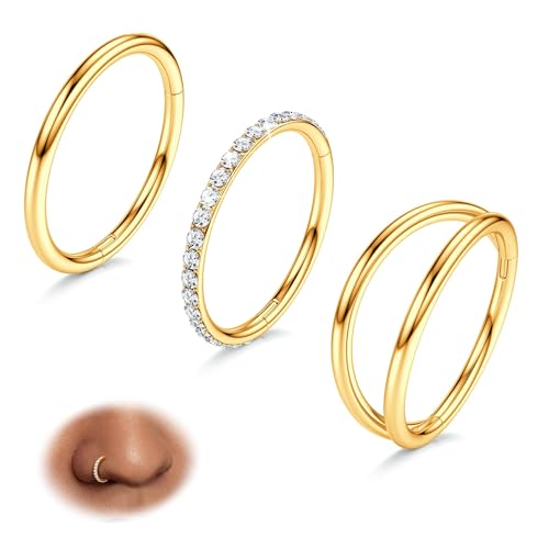BodyBonita 3 Stück Nasenpiercing – 316L Edelstahl Doppelt Reifen Nasenring 18G CZ Septum Piercing Helix Conch Tragus Daith Ohrring lippenpiercing Schmuck Hypoallergen Frauen Männer Gold 7mm von BodyBonita