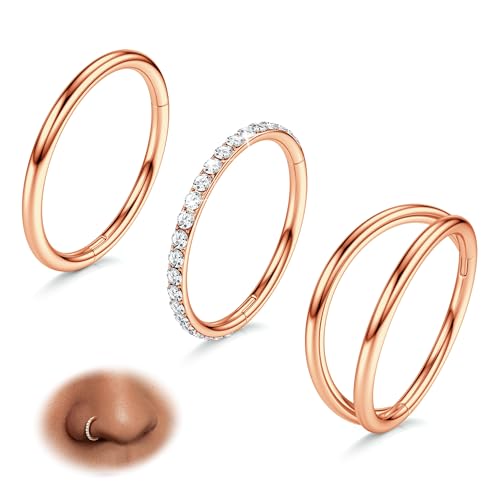 BodyBonita 3 Stück Nasenpiercing – 316L Edelstahl Doppelt Reifen Nasenring 18G CZ Septum Piercing Helix Conch Tragus Daith Ohrring lippenpiercing Schmuck Hypoallergen Frauen Männer Roségold 10mm von BodyBonita