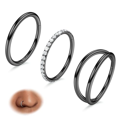 BodyBonita 3 Stück Nasenpiercing – 316L Edelstahl Doppelt Reifen Nasenring 18G CZ Septum Piercing Helix Conch Tragus Daith Ohrring lippenpiercing Schmuck Hypoallergen Frauen Männer Schwarz 8mm von BodyBonita