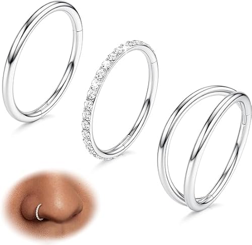 BodyBonita 3 Stück Nasenpiercing – 316L Edelstahl Doppelt Reifen Nasenring 18G CZ Septum Piercing Helix Conch Tragus Daith Ohrring lippenpiercing Schmuck Hypoallergen Frauen Männer Silber 8mm von BodyBonita