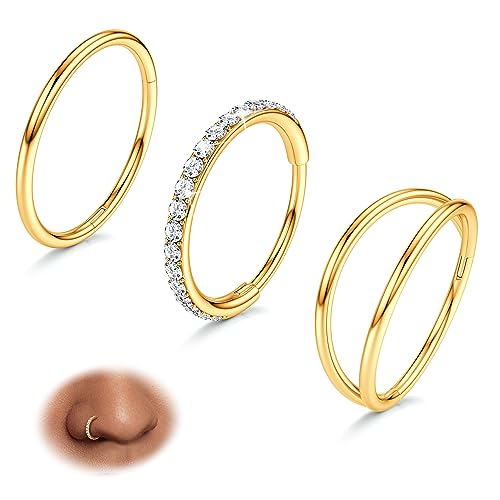 BodyBonita 3 Stück Nasenpiercing – 316L Edelstahl Doppelt Reifen Nasenring 20G CZ Septum Piercing Helix Conch Tragus Daith Ohrring lippenpiercing Schmuck Hypoallergen Frauen Männer Gold 9mm von BodyBonita