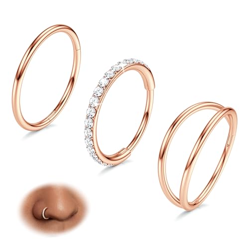 BodyBonita 3 Stück Nasenpiercing – 316L Edelstahl Doppelt Reifen Nasenring 20G CZ Septum Piercing Helix Conch Tragus Daith Ohrring lippenpiercing Schmuck Hypoallergen Frauen Männer Roségold 10mm von BodyBonita