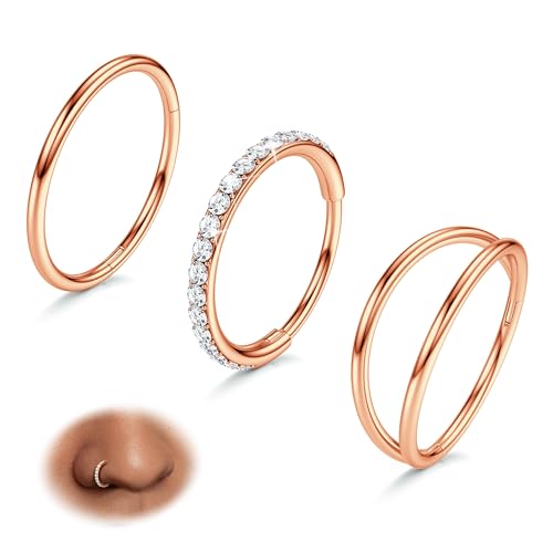 BodyBonita 3 Stück Nasenpiercing – 316L Edelstahl Doppelt Reifen Nasenring 20G CZ Septum Piercing Helix Conch Tragus Daith Ohrring lippenpiercing Schmuck Hypoallergen Frauen Männer Roségold 7mm von BodyBonita