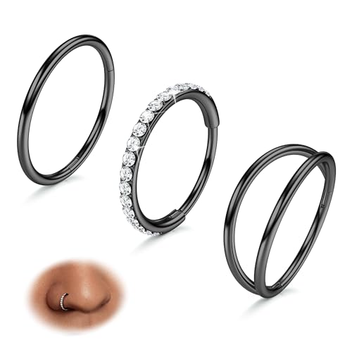 BodyBonita 3 Stück Nasenpiercing – 316L Edelstahl Doppelt Reifen Nasenring 20G CZ Septum Piercing Helix Conch Tragus Daith Ohrring lippenpiercing Schmuck Hypoallergen Frauen Männer Schwarz 7mm von BodyBonita