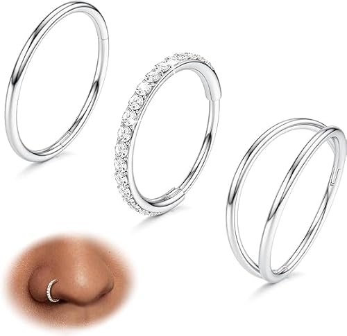 BodyBonita 3 Stück Nasenpiercing – 316L Edelstahl Doppelt Reifen Nasenring 20G CZ Septum Piercing Helix Conch Tragus Daith Ohrring lippenpiercing Schmuck Hypoallergen Frauen Männer Silber 8mm von BodyBonita
