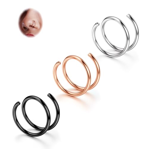 BodyBonita 3 Stück Weicher Nasenring aus Edelstahl 316L mit Doppelkreole für Einzel Piercing 20G Biegsame Gedrehte Spiral Piercing Ring für Damen Männer 8 mm Mischen Rechts von BodyBonita