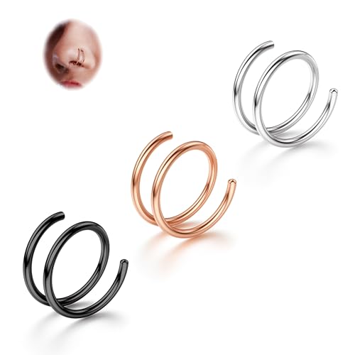 BodyBonita 3 Stück Weicher Nasenring aus Edelstahl 316L mit Doppelkreole für Einzel Piercing 22G Biegsame Gedrehte Spiral Piercing Ring für Damen Männer 8 mm Mischen Links von BodyBonita