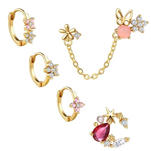 BodyBonita 5 Pcs Ohrringe Silber 925 Set für Damen 18 Karat Vergoldet Pink Herz Kleine Ohrstecker Ohrringe Silber 925 Hängend Stapelbar Zirkonia Ohrstecker Creolen Set für Mehrere Piercings von BodyBonita
