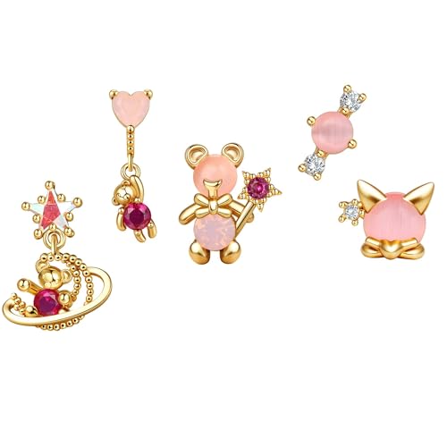BodyBonita 5 Pcs Ohrringe Silber 925 Set für Damen 18 Karat Vergoldet Pink Kleine Ohrstecker Ohrringe Silber 925 Hängend Stapelbar Zirkonia Ohrstecker Creolen Set für Mehrere Piercings von BodyBonita