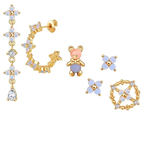 BodyBonita 6 Pcs Ohrringe Silber 925 Set für Damen 18 Karat Vergoldet Kleine Ohrstecker Ohrringe Silber 925 Hängend Stapelbar Zirkonia Ohrstecker Creolen Set für Mehrere Piercings von BodyBonita