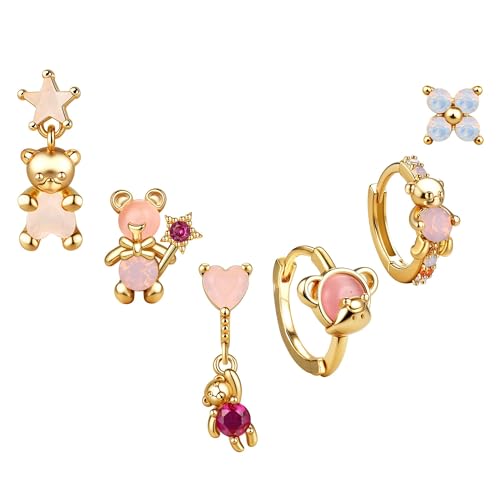 BodyBonita 6 Pcs Ohrringe Silber 925 Set für Damen 18 Karat Vergoldet Pink Herz Kleine Ohrstecker Ohrringe Silber 925 Hängend Stapelbar Zirkonia Ohrstecker Creolen Set für Mehrere Piercings von BodyBonita