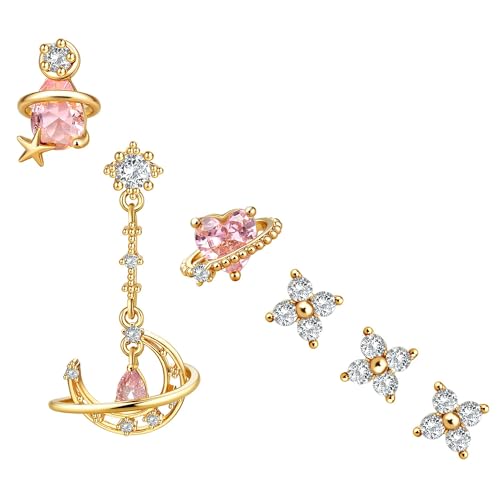 BodyBonita 6 Pcs Ohrringe Silber 925 Set für Damen 18 Karat Vergoldet Pink Herz Kleine Ohrstecker Ohrringe Silber 925 Hängend Stapelbar Zirkonia Ohrstecker Creolen Set für Mehrere Piercings von BodyBonita