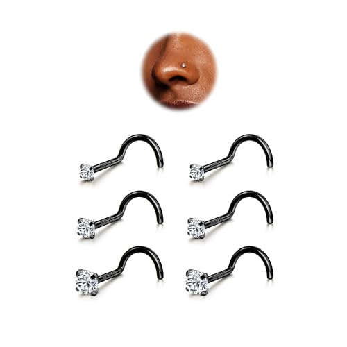 BodyBonita 6pcs Nasenpiercing - 316L Edelstah Nasenpiercing Stecker 18G Nasenring Screws 1.5mm 2mm 3mm CZ Nose Rings Studs Nostril Piercing Schmuck für Frauen Männer Schwarz von BodyBonita