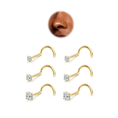 BodyBonita 6pcs Nasenpiercing - 316L Edelstah Nasenpiercing Stecker 20G Nasenring Screws 1.5mm 2mm 3mm CZ Nose Rings Studs Nostril Piercing Schmuck für Frauen Männer Gold von BodyBonita
