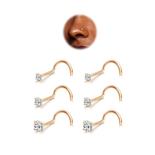 BodyBonita 6pcs Nasenpiercing - 316L Edelstah Nasenpiercing Stecker 20G Nasenring Screws 1.5mm 2mm 3mm CZ Nose Rings Studs Nostril Piercing Schmuck für Frauen Männer Roségold von BodyBonita