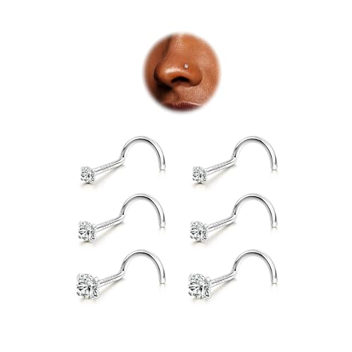 BodyBonita 6pcs Nasenpiercing - 316L Edelstah Nasenpiercing Stecker 22G Nasenring Screws 1.5mm 2mm 3mm CZ Nose Rings Studs Nostril Piercing Schmuck für Frauen Männer Silber von BodyBonita