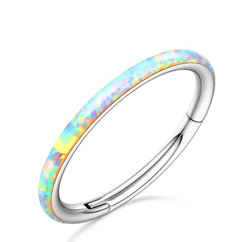 BodyBonita Aufklappbar Opal Nasenpiercing Reifen – 16G 316L Chirurgenstahl Nasenringe mit Klappring für Damen Septum Piercing Conch Helix Daith Schmuck Weiß 8mm Silber von BodyBonita
