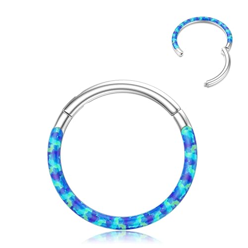 BodyBonita Aufklappbar Opal Nasenpiercing Reifen – 18G 316L Chirurgenstahl Nasenringe mit Klappring für Damen Septum Piercing Conch Helix Daith Schmuck Blau 8mm Silber von BodyBonita