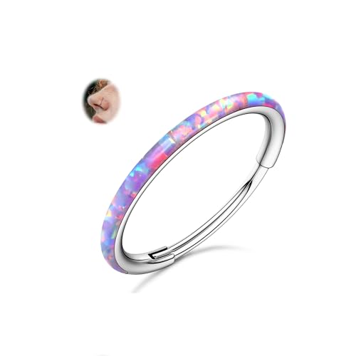 BodyBonita Aufklappbar Opal Nasenpiercing Reifen – 20G 316L Chirurgenstahl Nasenringe mit Klappring für Damen Septum Piercing Conch Helix Daith Schmuck Lila 8mm Silber von BodyBonita