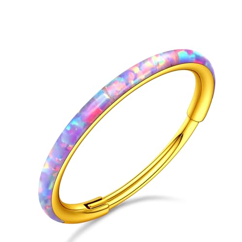 BodyBonita Aufklappbar Opal Nasenpiercing Reifen – 20G 316L Chirurgenstahl Nasenringe mit Klappring für Damen Septum Piercing Conch Helix Daith Schmuck Lila 8mm Silber von BodyBonita