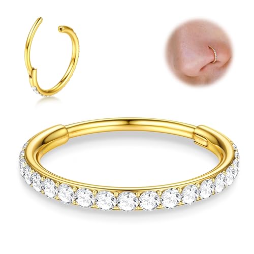 BodyBonita G23 Titan CZ Nasenring Creolen - 20G Septumringe Nasenpiercings Clicker Knorpelohrring für Frauen Helix Rook Tragus Conch Piercing Schmuck Daith Ring 14 Karat Vergoldet 8mm von BodyBonita