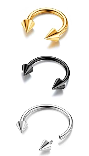 BodyBonita G23 Titan Hufeisen Septum Piercing - 3 Stück 18G Nasenringe Spikes Septum Schmuck Nasenpiercing Conch Helix Rook Lippenknorpel Ohrring für Damen Herren Gold/Silber/Schwarz von BodyBonita