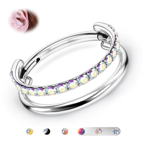 BodyBonita G23 Titan Knorpel Ohrring Gestapelter Clicker 16G AB CZ Doppelt Septum Piercing Conch Shmuck Tragus Daith Helix Ohrringe Nasenring Creolen für Frauen Männer Silber 10mm von BodyBonita