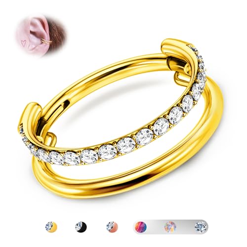 BodyBonita G23 Titan Knorpel Ohrring Gestapelter Clicker 16G CZ Doppelt Septum Piercing Conch Shmuck Tragus Daith Helix Ohrringe Nasenring Creolen für Frauen Männer Gold 12mm von BodyBonita