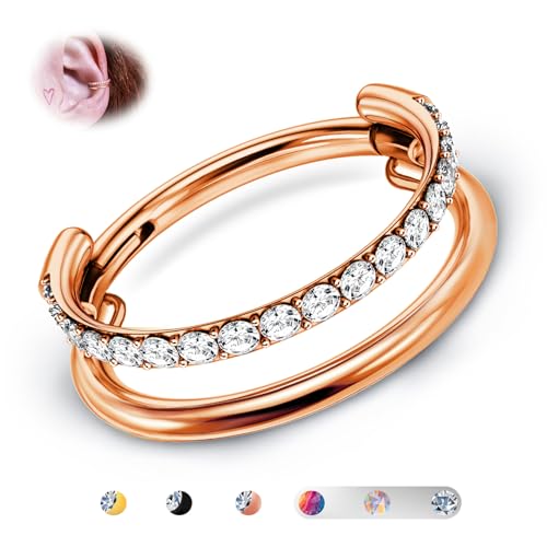 BodyBonita G23 Titan Knorpel Ohrring Gestapelter Clicker 16G CZ Doppelt Septum Piercing Conch Shmuck Tragus Daith Helix Ohrringe Nasenring Creolen für Frauen Männer Roségold 10mm von BodyBonita
