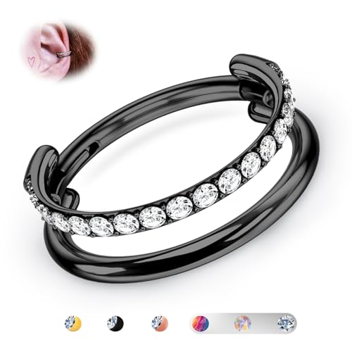 BodyBonita G23 Titan Knorpel Ohrring Gestapelter Clicker 16G CZ Doppelt Septum Piercing Conch Shmuck Tragus Daith Helix Ohrringe Nasenring Creolen für Frauen Männer Schwarz 12mm von BodyBonita