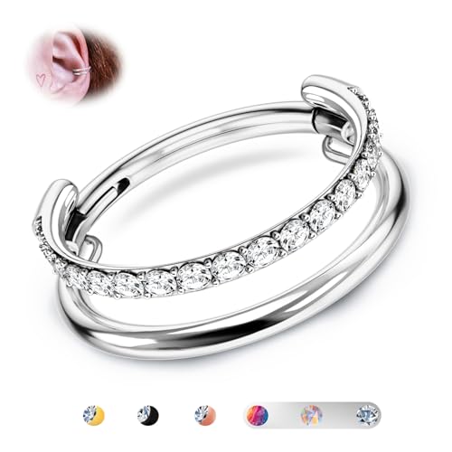 BodyBonita G23 Titan Knorpel Ohrring Gestapelter Clicker 16G CZ Doppelt Septum Piercing Conch Shmuck Tragus Daith Helix Ohrringe Nasenring Creolen für Frauen Männer Silber 9mm von BodyBonita