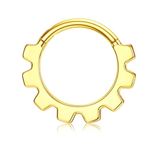 BodyBonita Septum Piercing 16G – 316L Edelstahl Nasenpiercing Nasenring Reifen für Damen Herren Helix Conch Piercings Tragus Daith Knorpel Piercing Gold 10 mm Cogwheel von BodyBonita