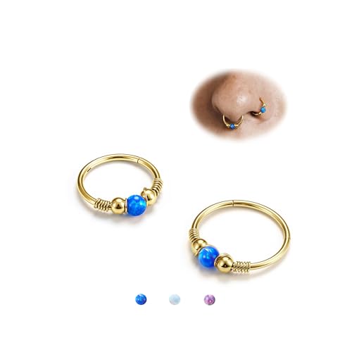 BodyBonita Opal Nasenpiercing Ring–316L Chirurgenstahl Septum Piercing für Frauen Creolen Schmuck Piercing Nase Conch Daith Helix Ohrring 2 Stück Gold 18G 8mm 10mm Blau von BodyBonita