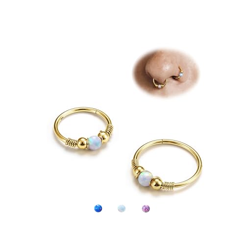 BodyBonita Opal Nasenpiercing Ring–316L Chirurgenstahl Septum Piercing für Frauen Creolen Schmuck Piercing Nase Conch Daith Helix Ohrring 2 Stück Gold 18G 8mm 10mm Weiß von BodyBonita