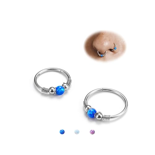 BodyBonita Opal Nasenpiercing Ring–316L Chirurgenstahl Septum Piercing für Frauen Creolen Schmuck Piercing Nase Conch Daith Helix Ohrring 2 Stück Silber 18G 10mm 12mm Blau von BodyBonita