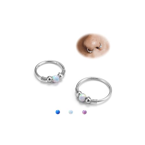 BodyBonita Opal Nasenpiercing Ring–316L Chirurgenstahl Septum Piercing für Frauen Creolen Schmuck Piercing Nase Conch Daith Helix Ohrring 2 Stück Silber 18G 8mm 10mm Weiß von BodyBonita